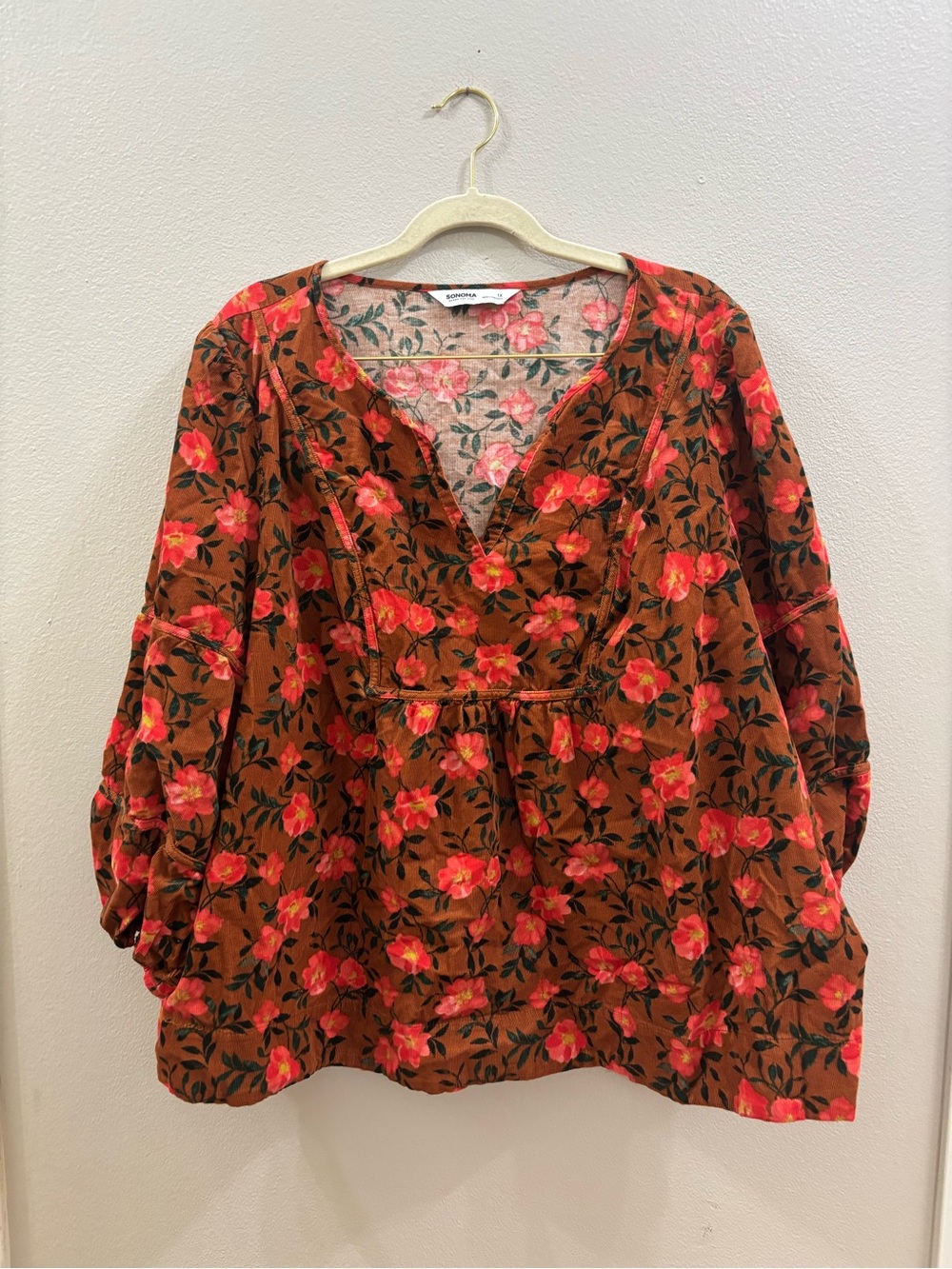 Sonoma Rust Floral V-Neck Tunic with Pink Blooms